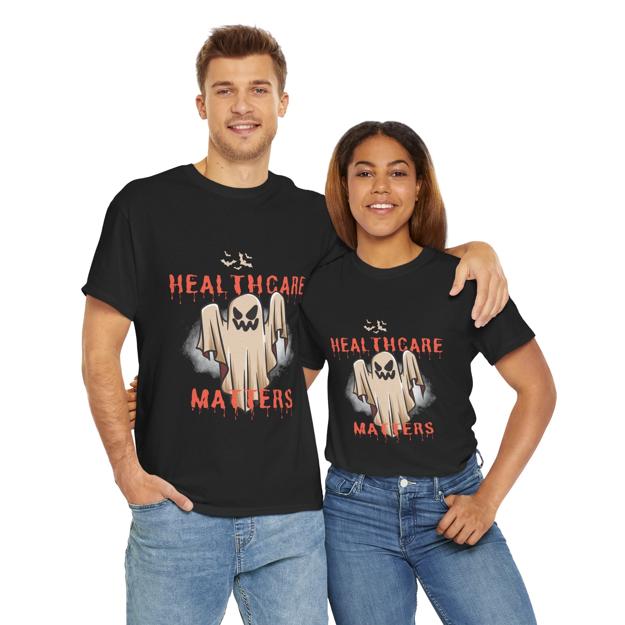 Healthcare Matters Ghost Tee, Unisex Heavy Cotton Tee, Halloween Shirt, Casual Wear, Gift for Healthcare Workers, Spooky Season Apparel