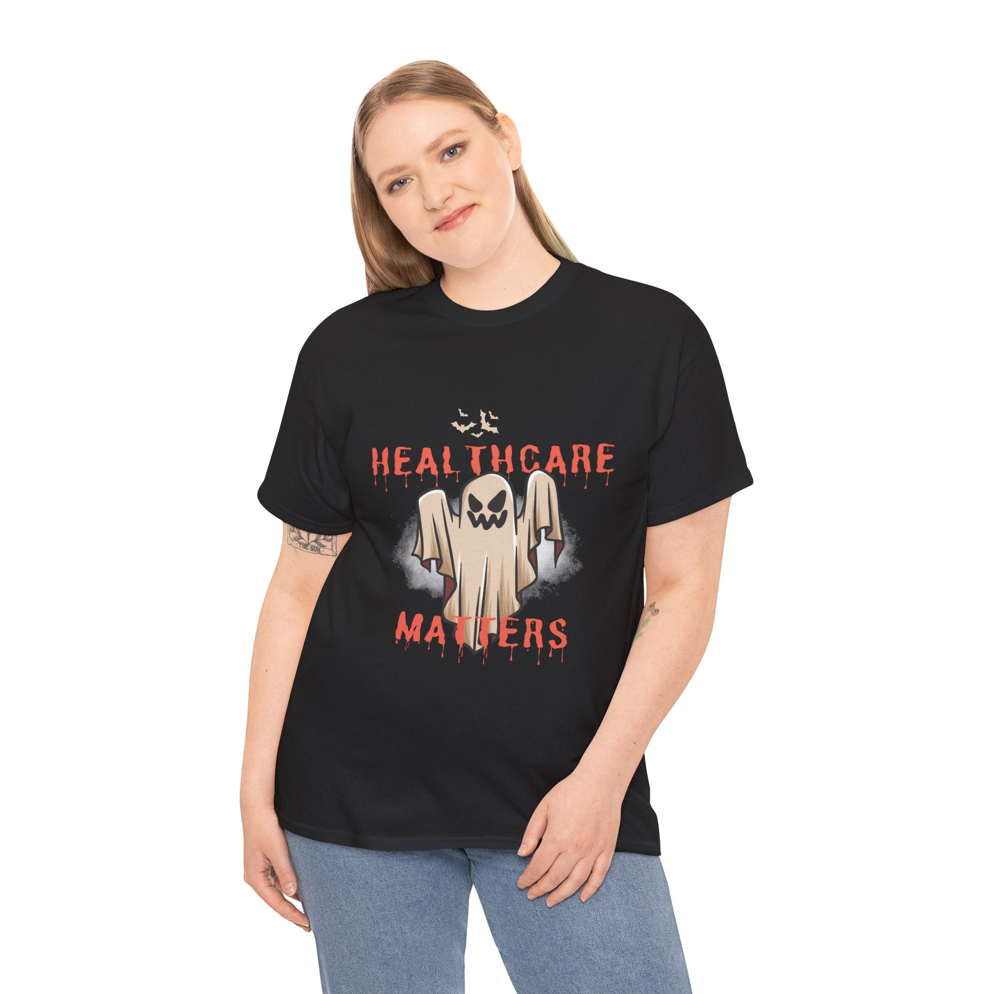 Healthcare Matters Ghost Tee, Unisex Heavy Cotton Tee, Halloween Shirt, Casual Wear, Gift for Healthcare Workers, Spooky Season Apparel