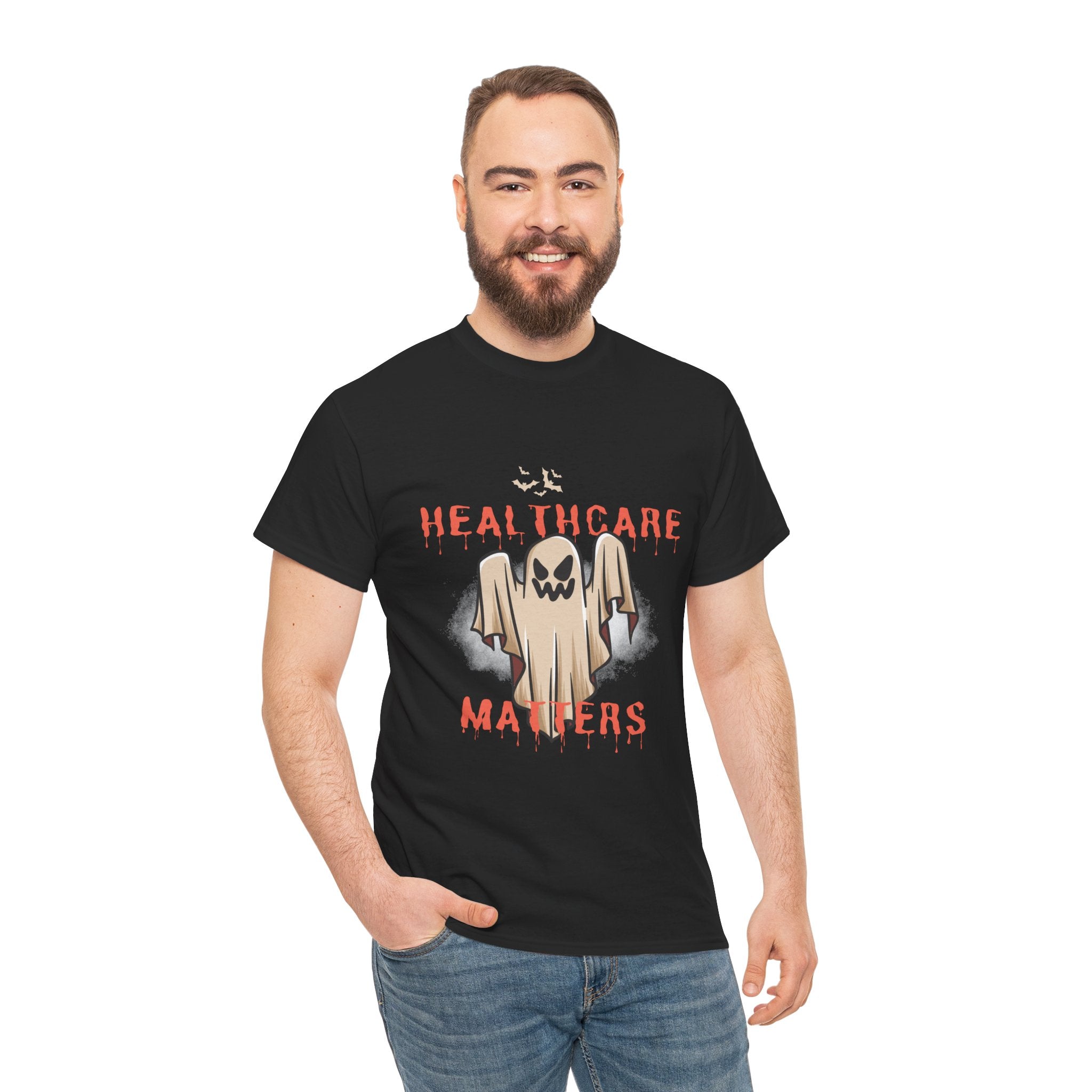 Healthcare Matters Ghost Tee, Unisex Heavy Cotton Tee, Halloween Shirt, Casual Wear, Gift for Healthcare Workers, Spooky Season Apparel