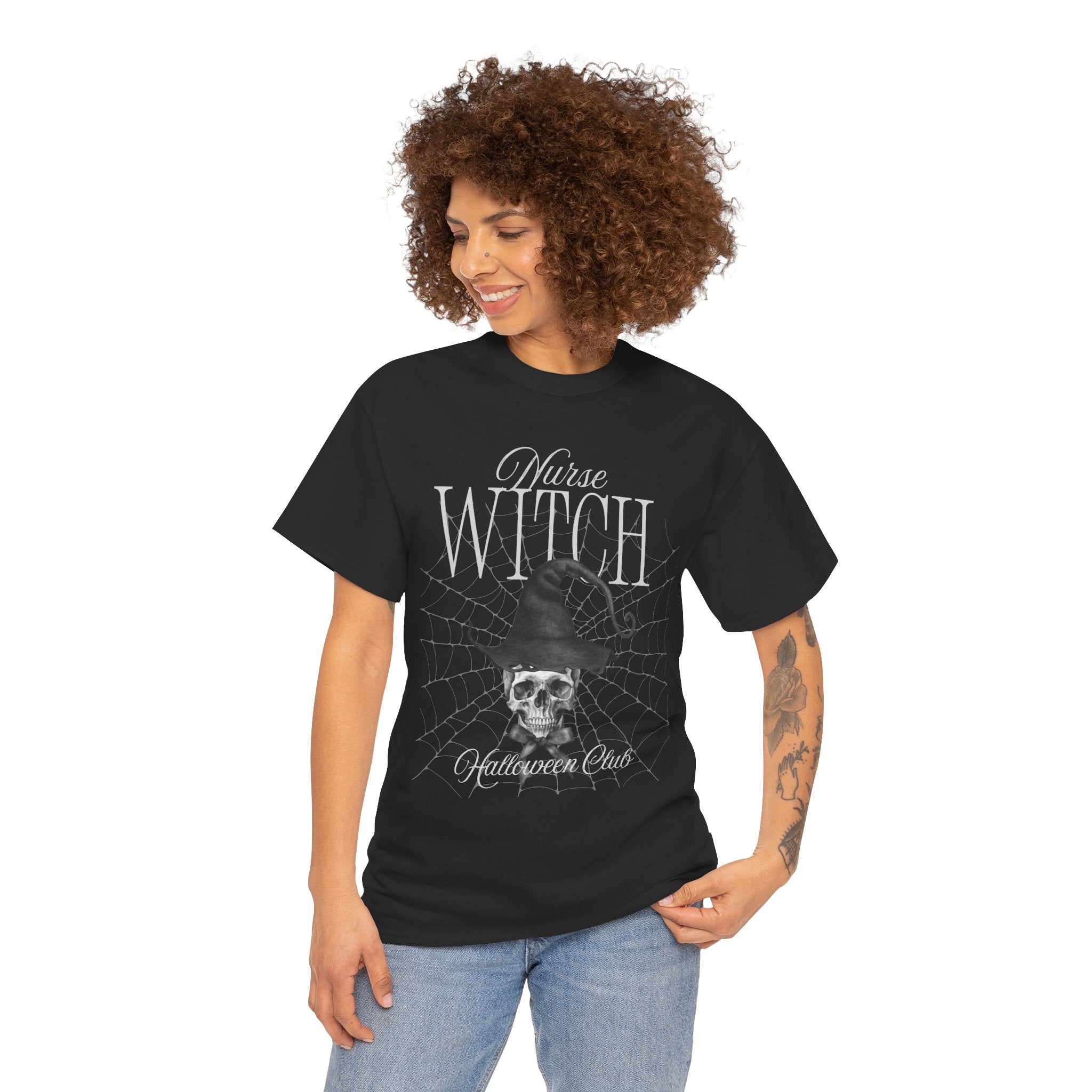 Spooky Witch Skull Tee | Unisex Heavy Cotton T-Shirt for Halloween, Casual Wear, Witchy Vibes, Gift for Her, All-Occasion