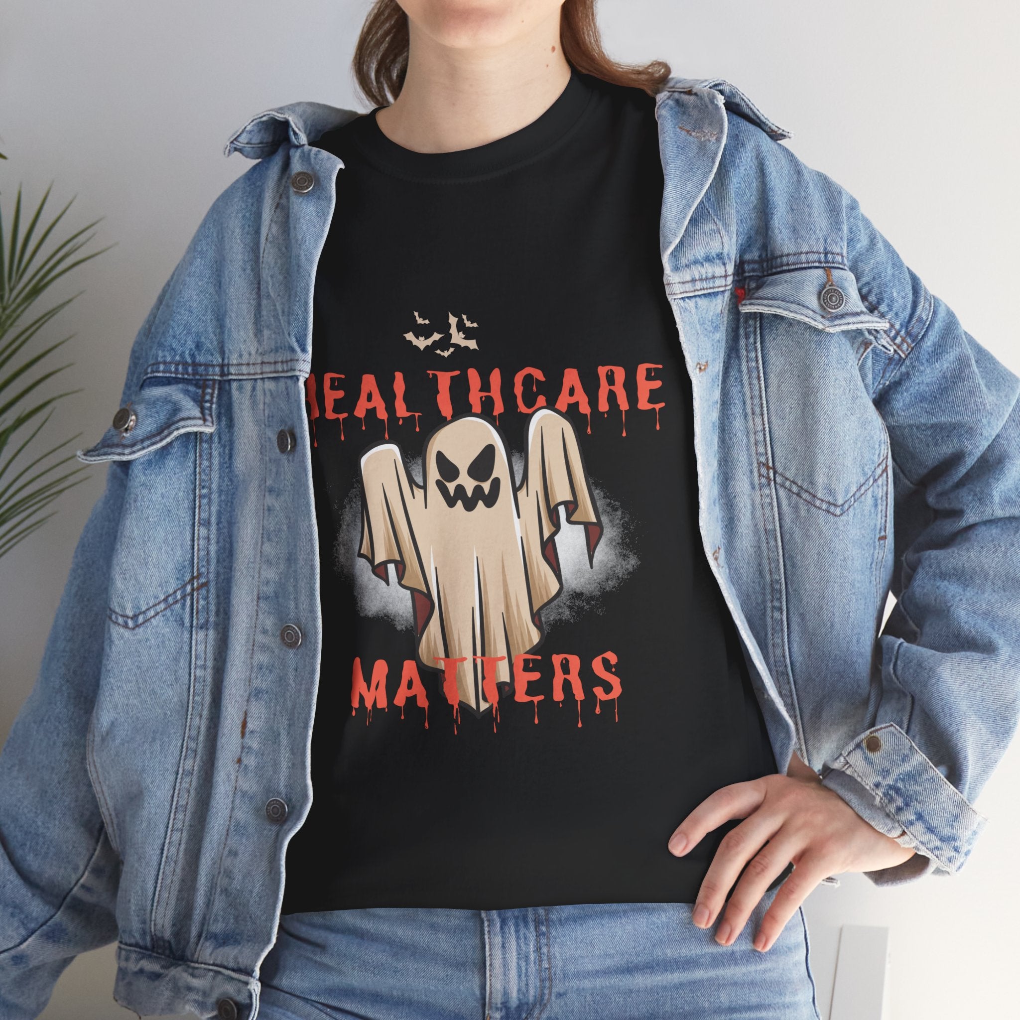 Healthcare Matters Ghost Tee, Unisex Heavy Cotton Tee, Halloween Shirt, Casual Wear, Gift for Healthcare Workers, Spooky Season Apparel