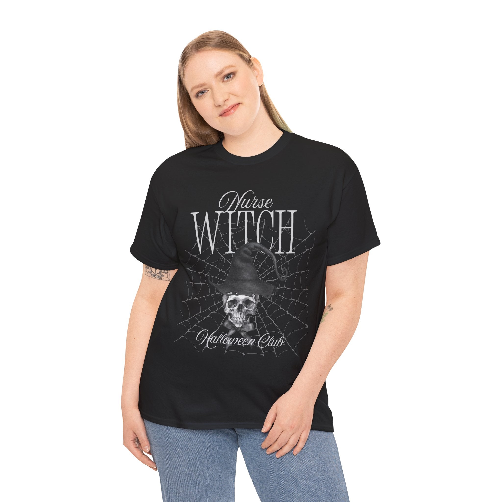 Spooky Witch Skull Tee | Unisex Heavy Cotton T-Shirt for Halloween, Casual Wear, Witchy Vibes, Gift for Her, All-Occasion