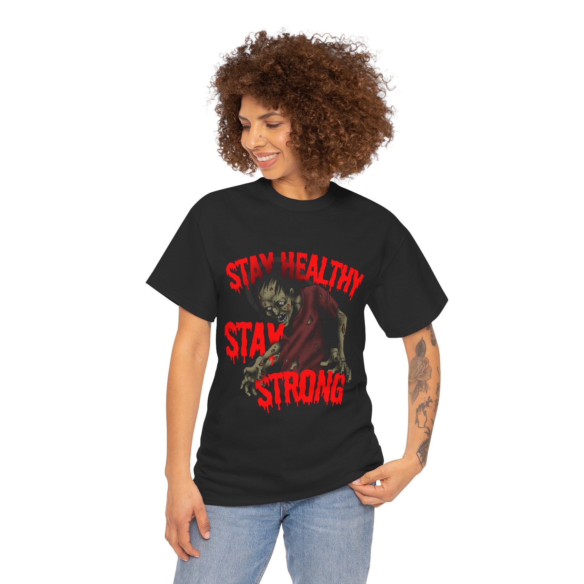 Zombie Themed Unisex Heavy Cotton Tee - Stay Healthy Stay Strong, Fun Gift for Halloween, Casual Wear, Zombie Walk, Unique T-Shirt