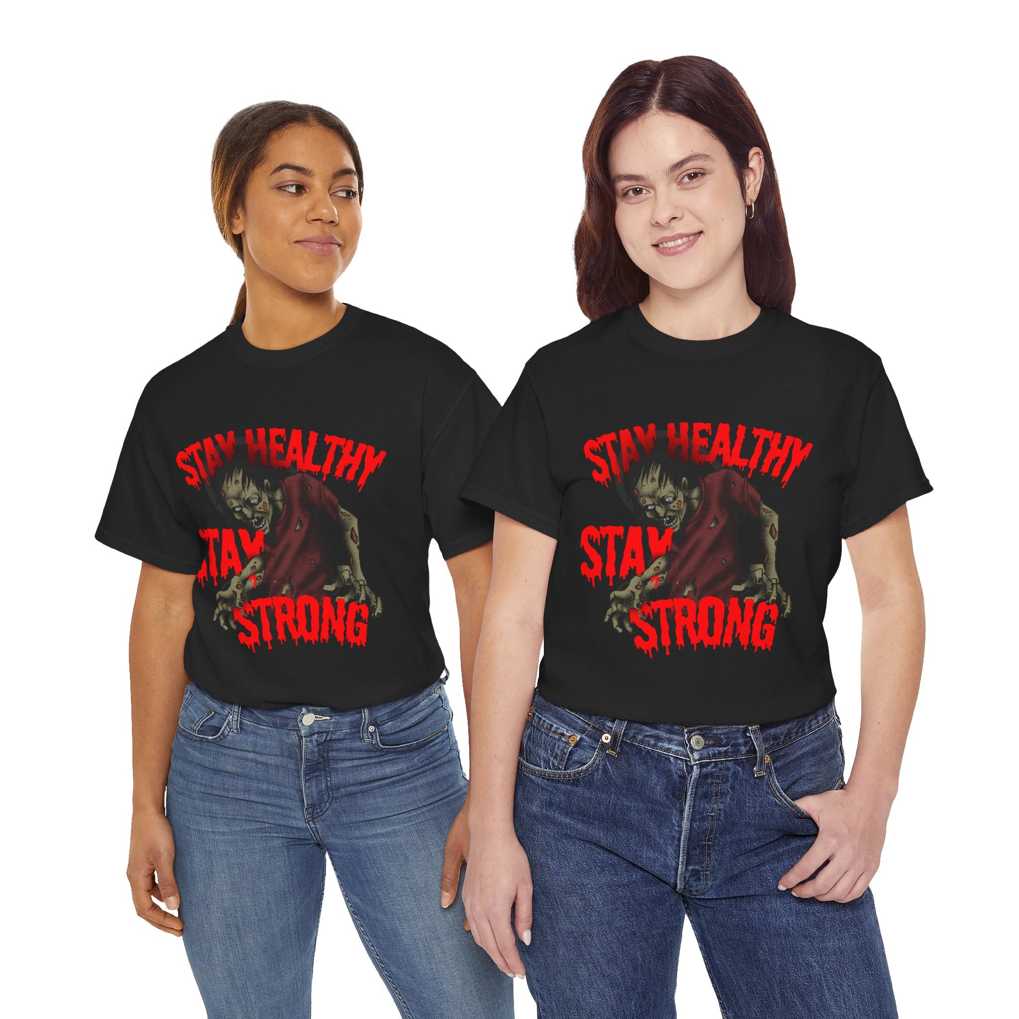 Zombie Themed Unisex Heavy Cotton Tee - Stay Healthy Stay Strong, Fun Gift for Halloween, Casual Wear, Zombie Walk, Unique T-Shirt